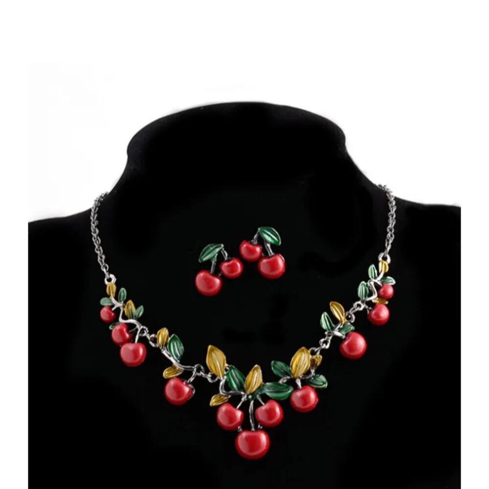 Cherry Pendant Choker‎ Necklace Earring Set Fruity Resin Enamel Paint Fun NEW